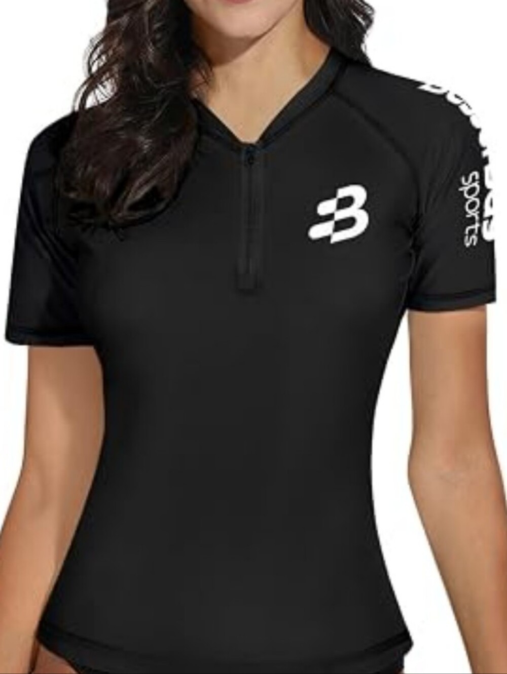 Women's Short-Sleeve Rash Guard Top with Quarter Zip & Logo Black BesserBay L